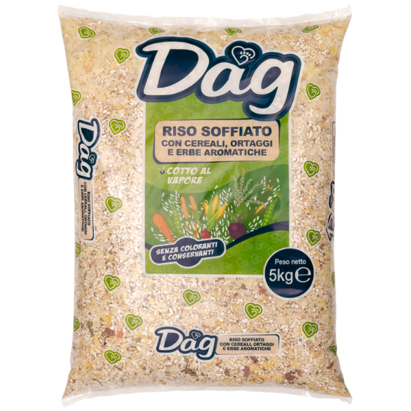 foto del prodotto dag riso soffiato con cereali, ortaggi e erbe aromatiche 5 kg croccantini per cani 1 ordine scegli lo sconto bzr5 bzr20 200 punti fedelt 