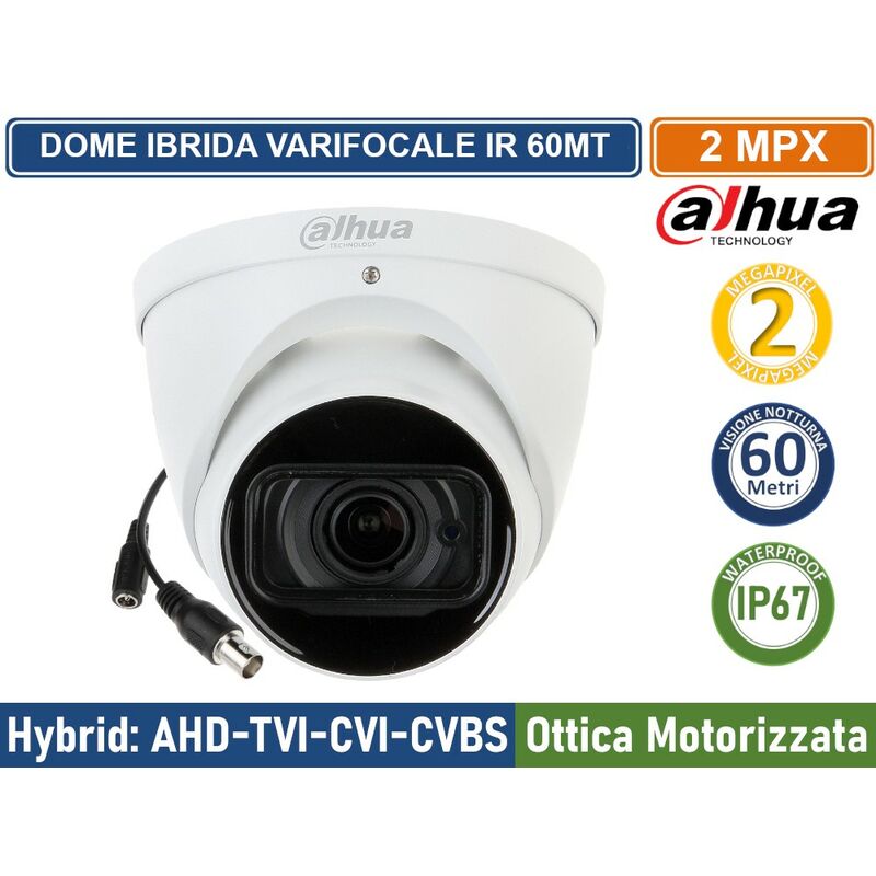 foto del prodotto dahua telecamera dome ibrida 4in1 full hd 2mp ottica varifocale motorizzata ir 60 metri ip67 con audio