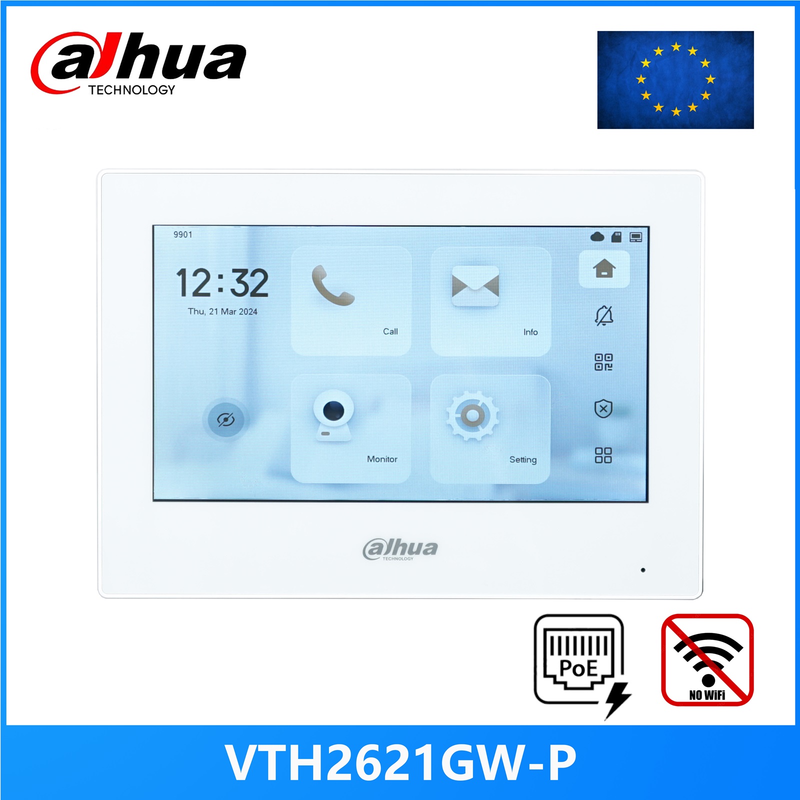 foto del prodotto dahua vth2621gw-p vth2621g-p 802.3af poe monitor da interno touch da 7 pollici, monitor campanello, videocitofono, scheda sd integrata da 32 gb