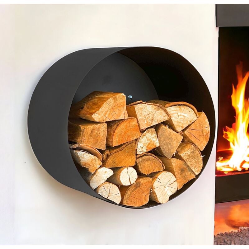 foto del prodotto dandibo porta legna da interno in metallo nero rotondo da parete 50 cm con pannello posteriore 96433 cesto di legna da appendere a parete porta