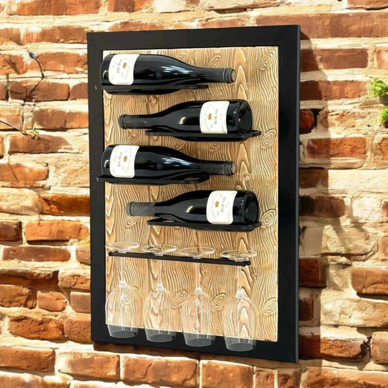 foto del prodotto dandibo portabottiglie da parete in metallo nero per 4 bottiglie con porta bicchieri 96617 portabottiglie design moderno scaffale da parete