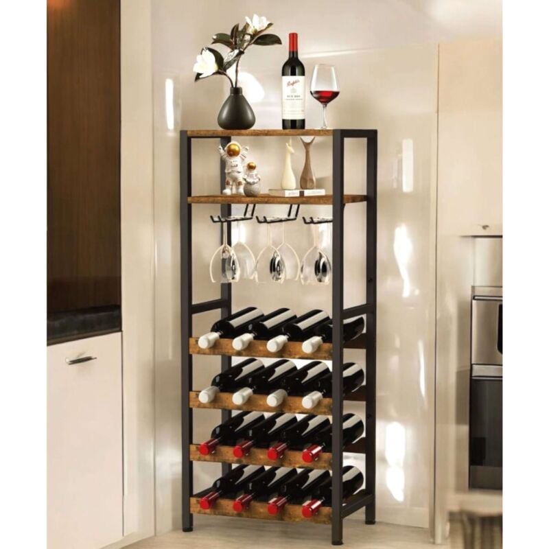 foto del prodotto dandibo portabottiglie in metallo nero con porta bicchieri 100 cm 96575 scaffale per bottiglie porta bottiglie moderno