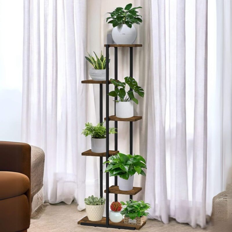 foto del prodotto dandibo scaffale per fiori interno metallo nero 6 ripiani legno 96581 scala per fiori supporto per piante design moderno