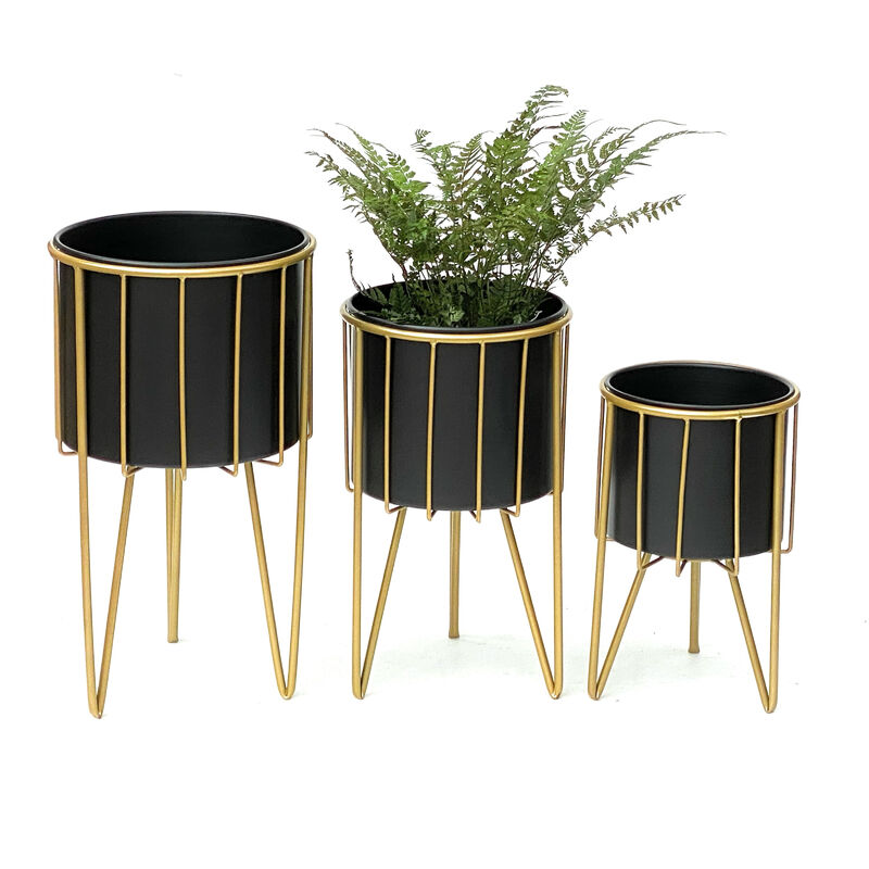 foto del prodotto dandibo sgabello per fiori con vaso in metallo oro nero rotondo set di 3 supporti per fiori 96039 colonna per fiori supporto moderno per piante
