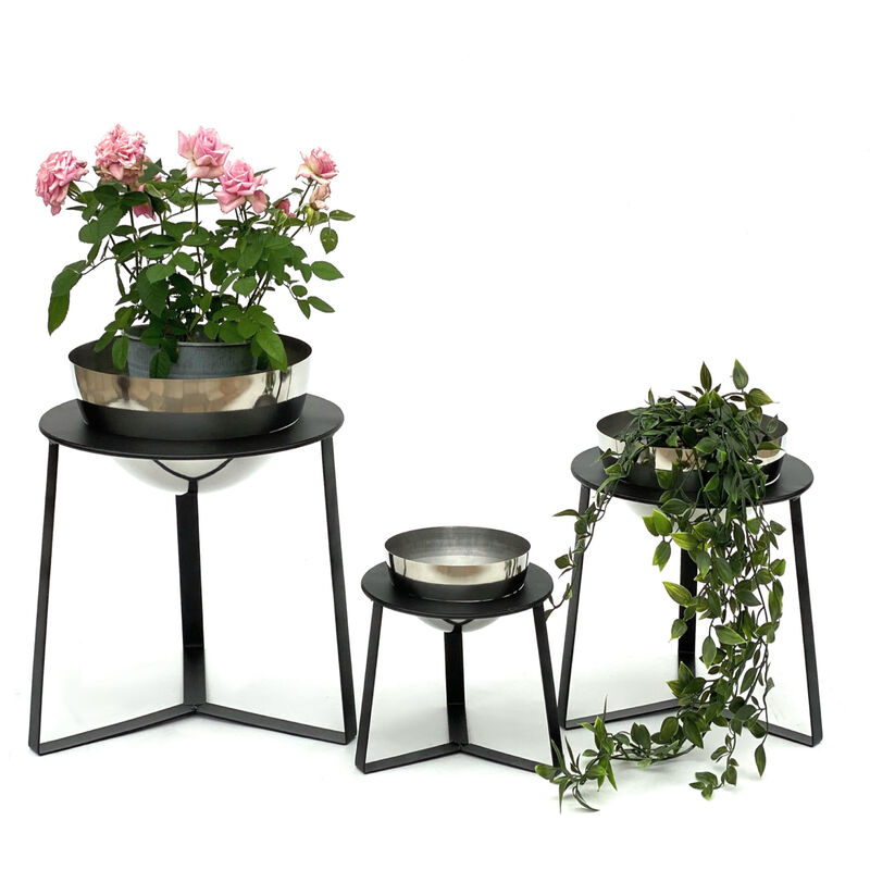 foto del prodotto dandibo sgabello per fiori in metallo con vaso nero argento portafiori 96091 set di 3 colonna per fiori portapiante moderno sgabello per piante