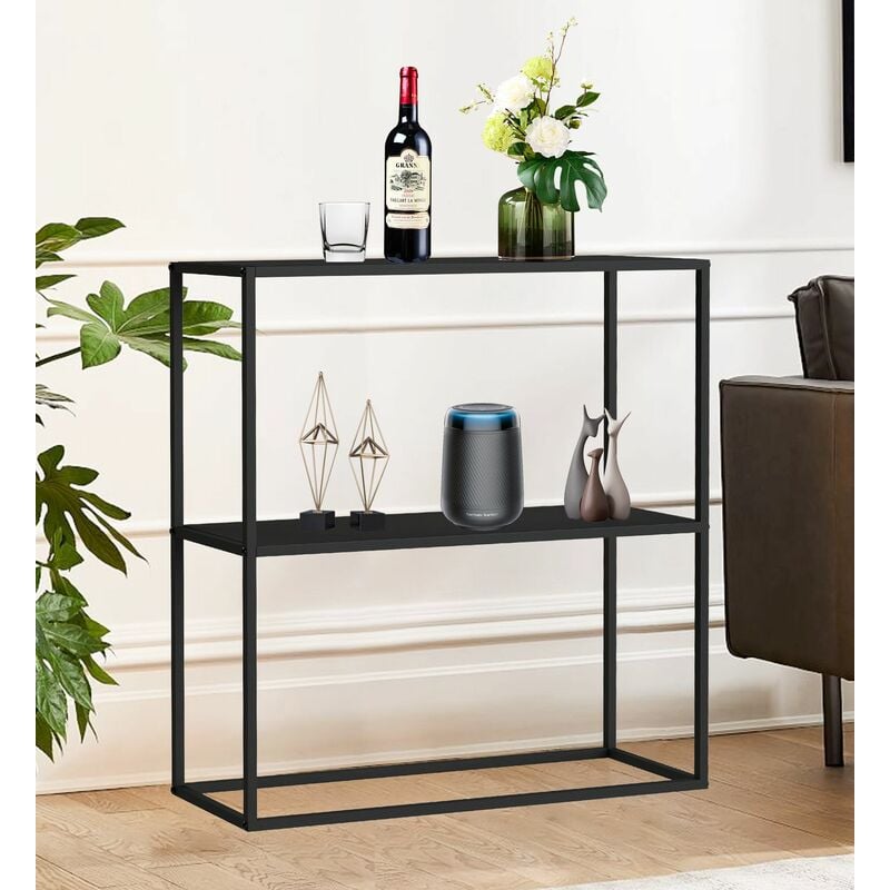 foto del prodotto dandibo tavolo consolle metallo nero stretto con 2 livelli moderno 80x80x25 cm scaffale scaffale in piedi 96473 scaffale in metallo con ripiano