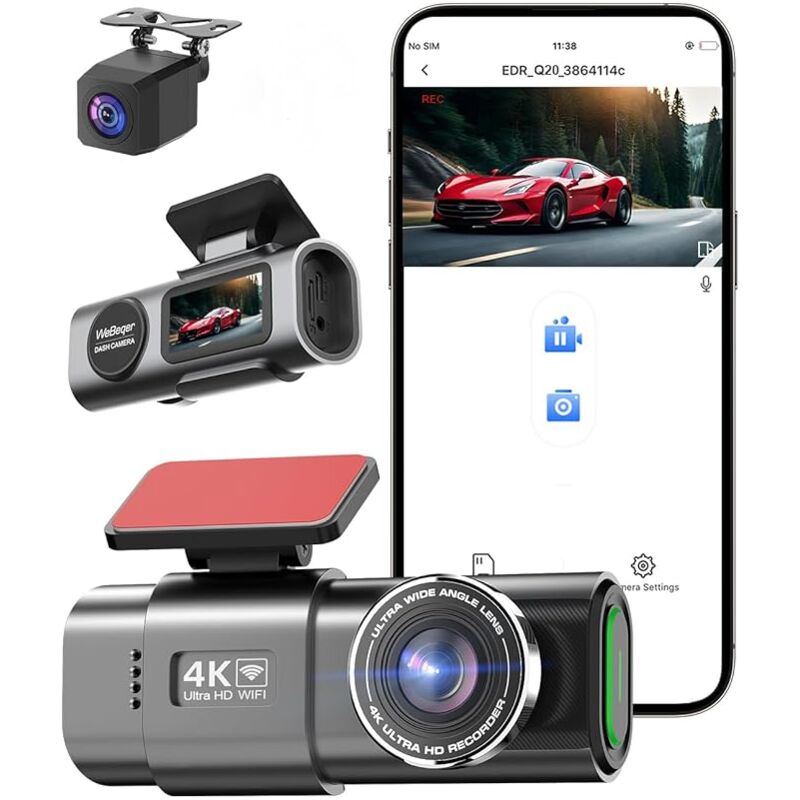 foto del prodotto dashcam anteriore e posteriore wi fi 4k 1080p con scheda sd da 128 gb, controllo tramite app, visione notturna, sensore g, registrazione in loop, wdr