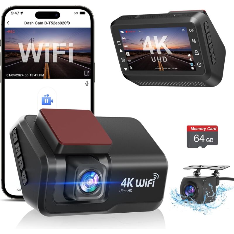 foto del prodotto dashcam per auto anteriore e posteriore, 4k 1080p wifi dash cam per auto con app 3 ips con scheda da 64 gb gratuita, telecamera per auto con visione