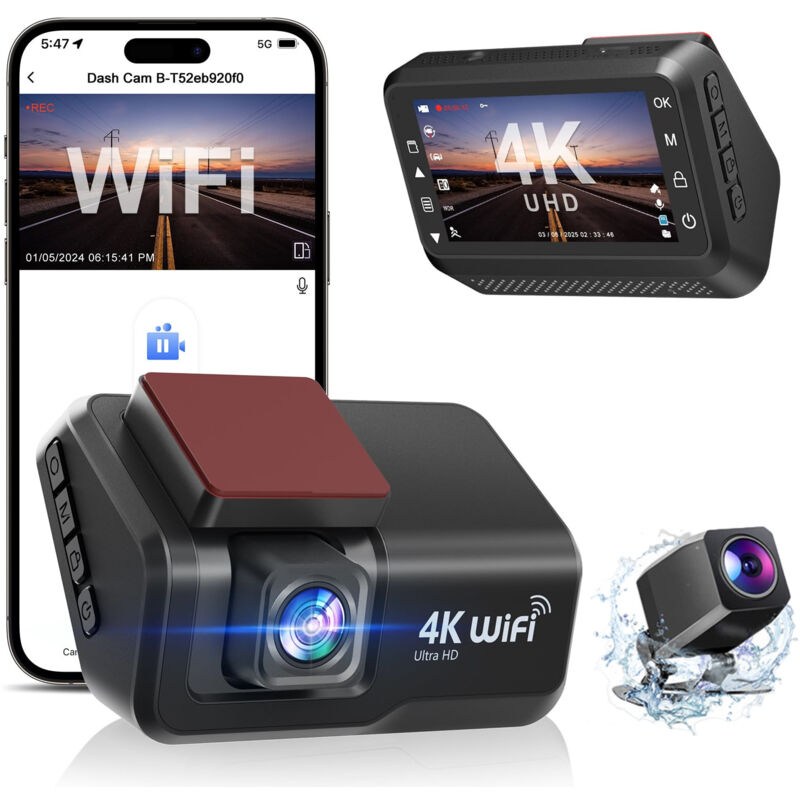 foto del prodotto dashcam per auto anteriore e posteriore, 4k 1080p wifi dash cam per auto con app 3 ips con scheda da 64 gb gratuita, telecamera per auto con visione