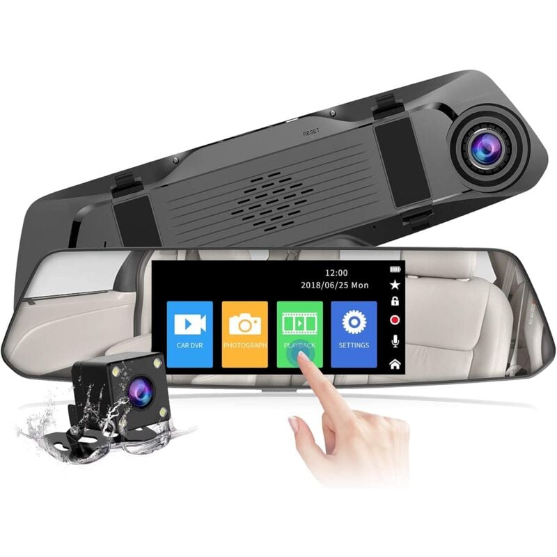foto del prodotto dashcam specchietto retrovisore per auto 5 pollici touch screen full hd 1080p, telecamera per auto grandangolare telecamera anteriore e telecamera