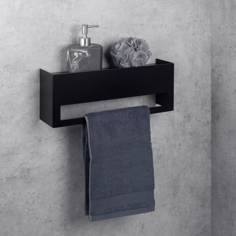 foto del prodotto daske porta asciugamani bagno con mensola, montaggio adesivo, nero, keyka 40 cm 