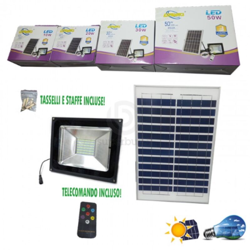 foto del prodotto dawei faretto faro a led con pannello solare 10w crepuscolare con telecomando cavo da 5 mt staffe e viti per montaggio