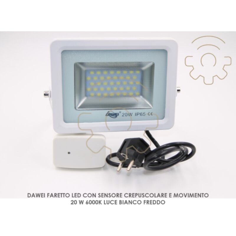 foto del prodotto dawei faro faretto a led 20w 6000k luce bianco freddo con sensore crepuscolare pir
