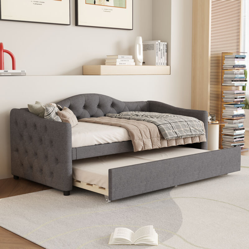 foto del prodotto daybed, chaise longue 90x200 cm con letto estraibile, divano letto, letto singolo senza materasso , lino, stile minimalista, grigio