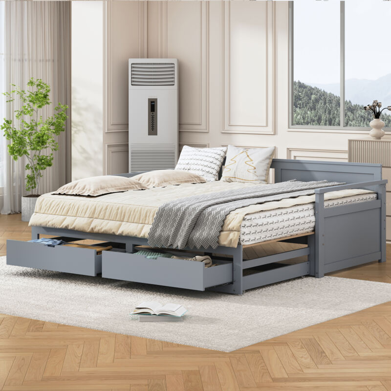foto del prodotto daybed multifunzione due in uno 90 180 x 190 con letto in pino, cassetti e letto estraibile grigio