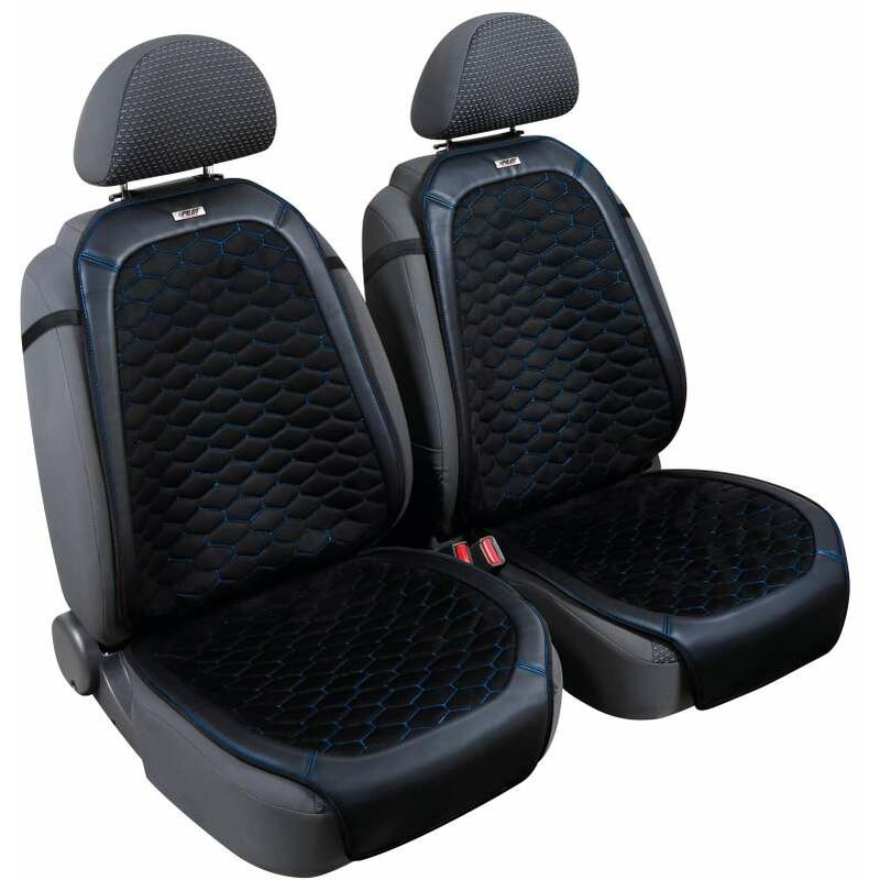 foto del prodotto daytona, coppia coprisedili anteriori in skeentex e tessuto microfibra scamosciato - nero/blu