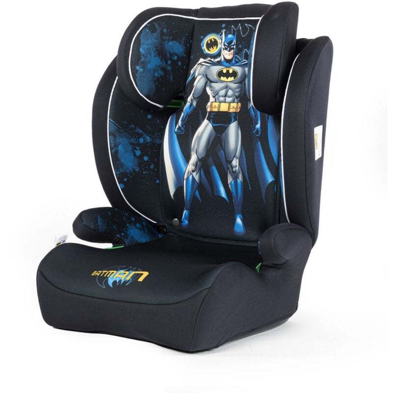foto del prodotto dc comics seggiolino auto batman per la sicurezza dei bambini con altezza da 100 a 150 cm con grafiche del supereroe batman su fondo nero e blu