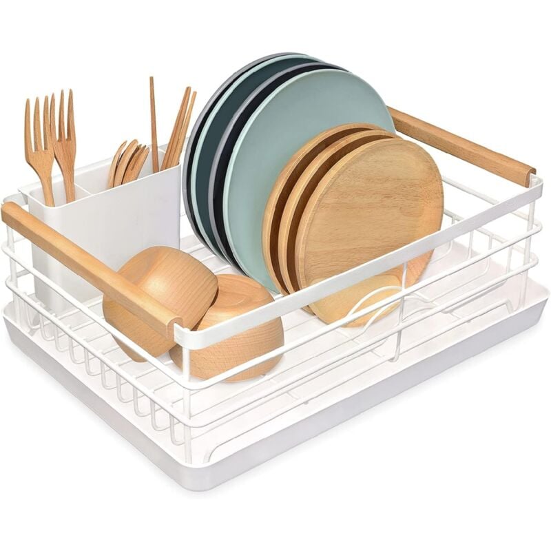 foto del prodotto debuns scolapiatti da cucina, scolapiatti sopra il lavello con portautensili e vassoio raccogligocce, vassoio per scolapiatti da lavello, per
