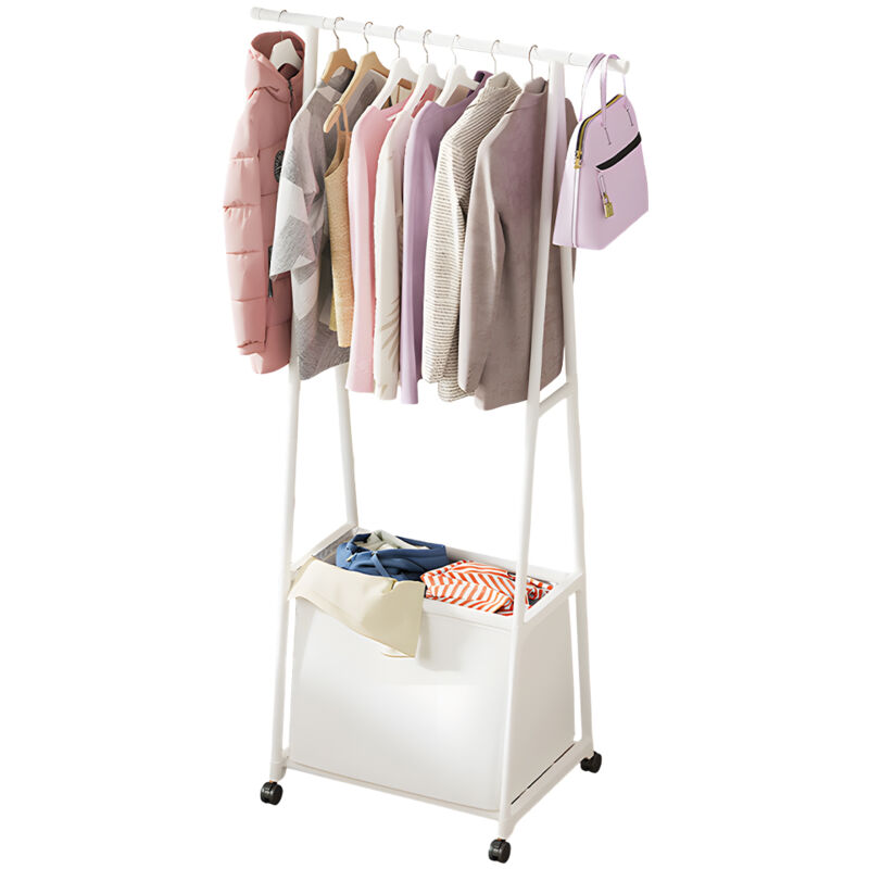 foto del prodotto decdeal appendiabiti con grande borsa portaoggetti, organizzatore per abiti rimovibile, appendiabiti triangolare indipendente 2 in 1, carrello