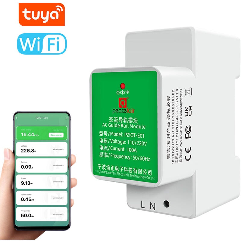 foto del prodotto decdeal contatore elettrico wi fi monofase intelligente installazione misuratore di tensione e corrente connessione bt smartphone peacefair tuya