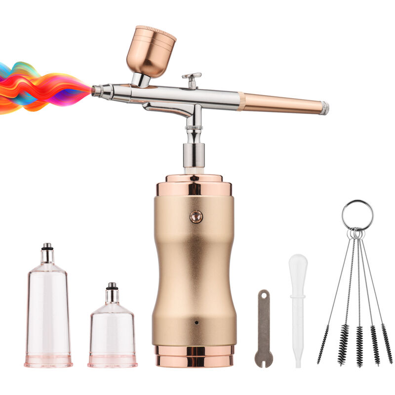 foto del prodotto decdeal kit aerografo portatile con compressore, penna aerografo senza fili, doppia azione, pressione regolabile su 3 livelli, champagne