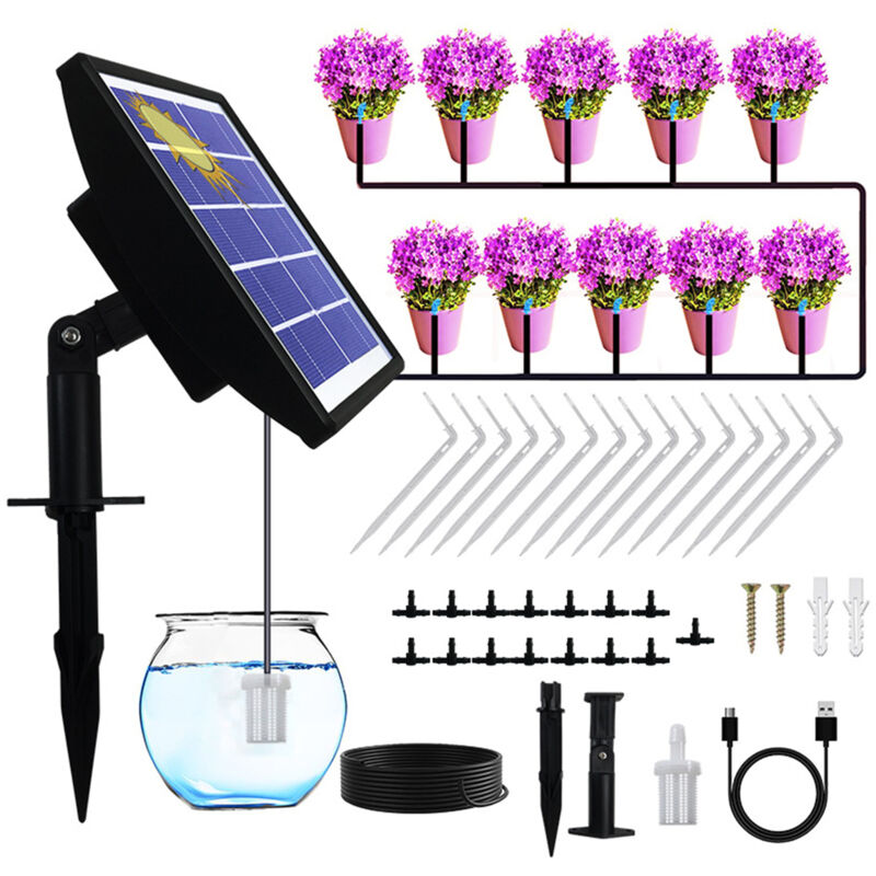 foto del prodotto decdeal kit di irrigazione solare automatica a goccia, sistema di irrigazione ad energia solare antisifone per balcone da giardino, timer da 1 a
