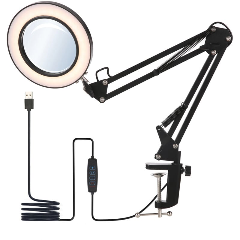 foto del prodotto decdeal lampada da tavolo flessibile a pinza con lente d ingrandimento 8x, braccio oscillante, lampada da scrivania a led dimmerabile, 3 modalit 