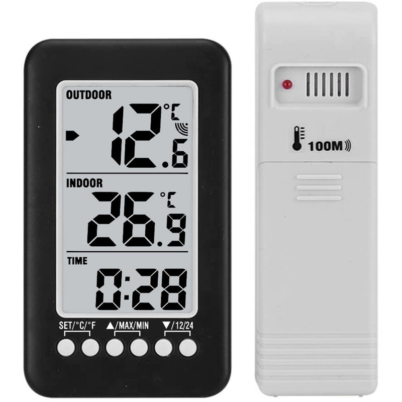 foto del prodotto decdeal lcd termometro digitale wireless per interni esterni, orologio, misuratore di temperatura con trasmettitore