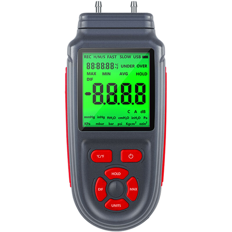 foto del prodotto decdeal manometro digitale, tester pressione aria gas a doppia porta, manometro differenziale con display lcd retroilluminato, alimentato da