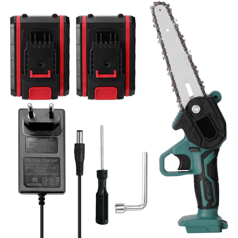 foto del prodotto decdeal mini motosega elettrica cordless, 6 pollici, con 2 batterie