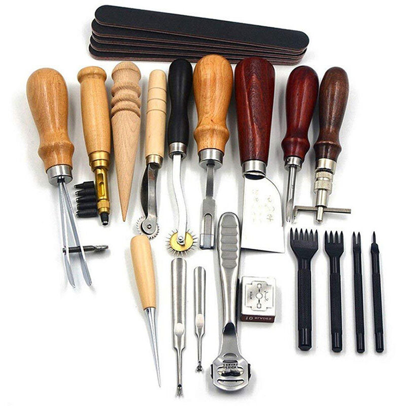 foto del prodotto decdeal set di attrezzi in pelle set da cucito a mano in pelle fatto a mano fai da te set in pelle fatto a mano art 10 modelli set da 18 pezzi