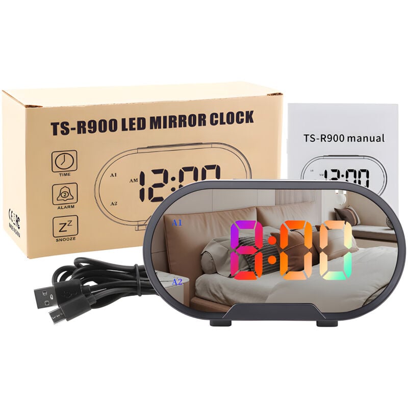 foto del prodotto decdeal sveglia digitale led rgb, schermo grande da 5,5 , superficie a specchio, sveglia elettrica per trucco con modalit dimmer, volume allarme