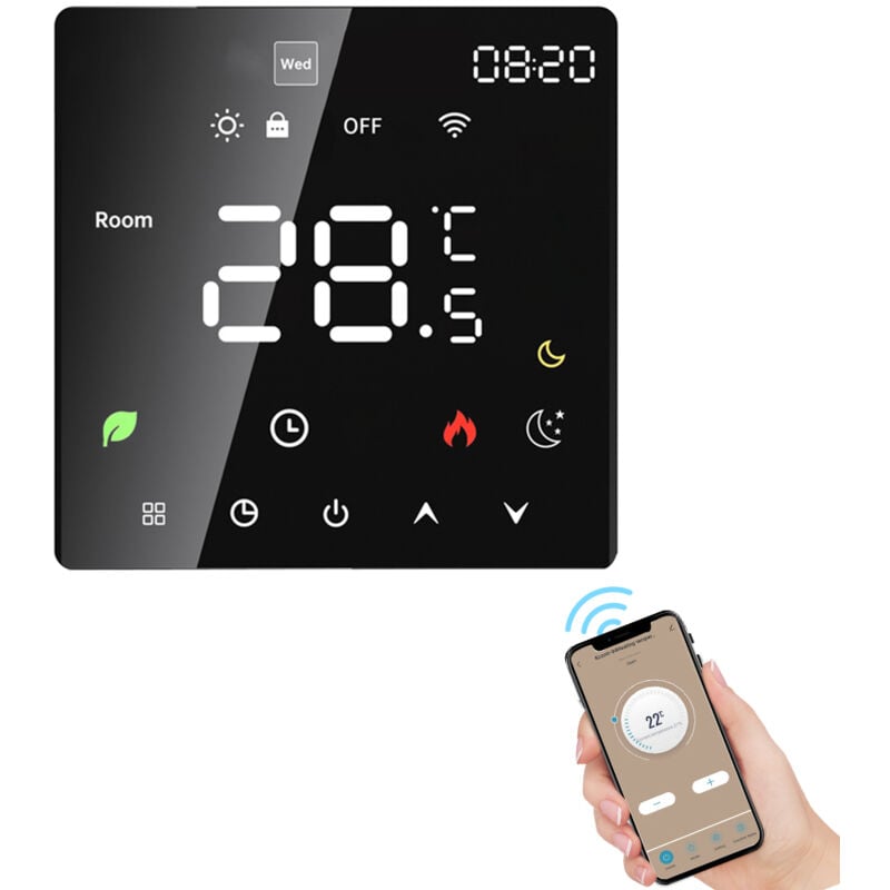 foto del prodotto decdeal termostato smart home, touch screen, wifi, app tuya voice, controllo della temperatura programmabile, per riscaldamento a pavimento ad