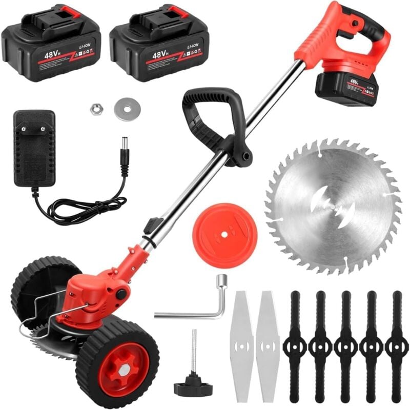 foto del prodotto decespugliatore elettrico a batteria con ruote, tagliabordi a batteria 48v, tagliabordi a batteria testata regolabile e maniglia telescopica testa