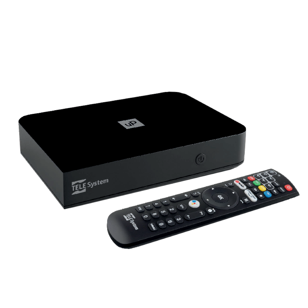 foto del prodotto decoder digitale terrestre dvb t2 hdmi 4k android h265 hevc hdr wifi telesystem up t2 4k decoder con android tv