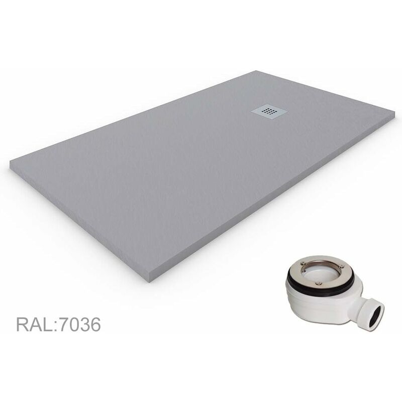 foto del prodotto decohor - piatto doccia in resina quarzo estrapiano. texture ardesia antiscivolo. carica minerale. grigio chiaro ral 7037 80x190cm