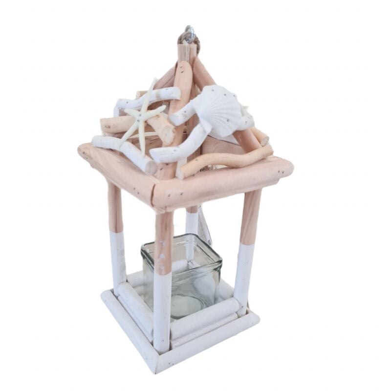 foto del prodotto decor space lanterna decorativa in legno beach con portacandela decorato h 30 cm