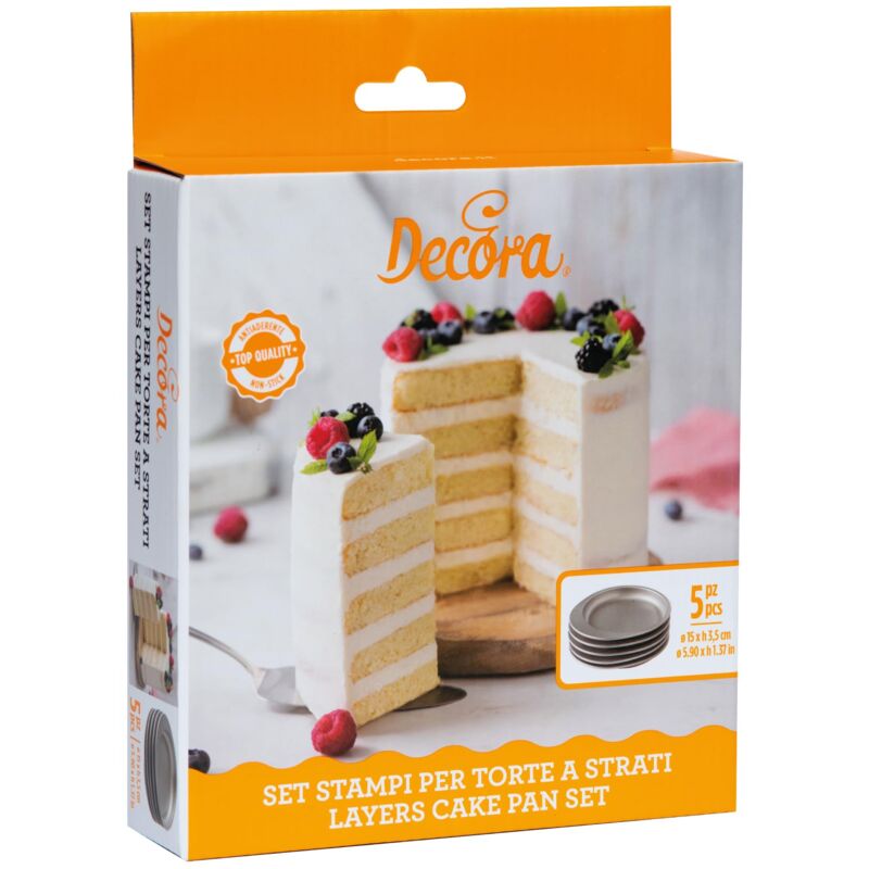 foto del prodotto decora 0070033 set 5 stampi antiaderenti tondi per torte a strati multicolor, 15 x 2 h cm. confezione da 5 pezzi.