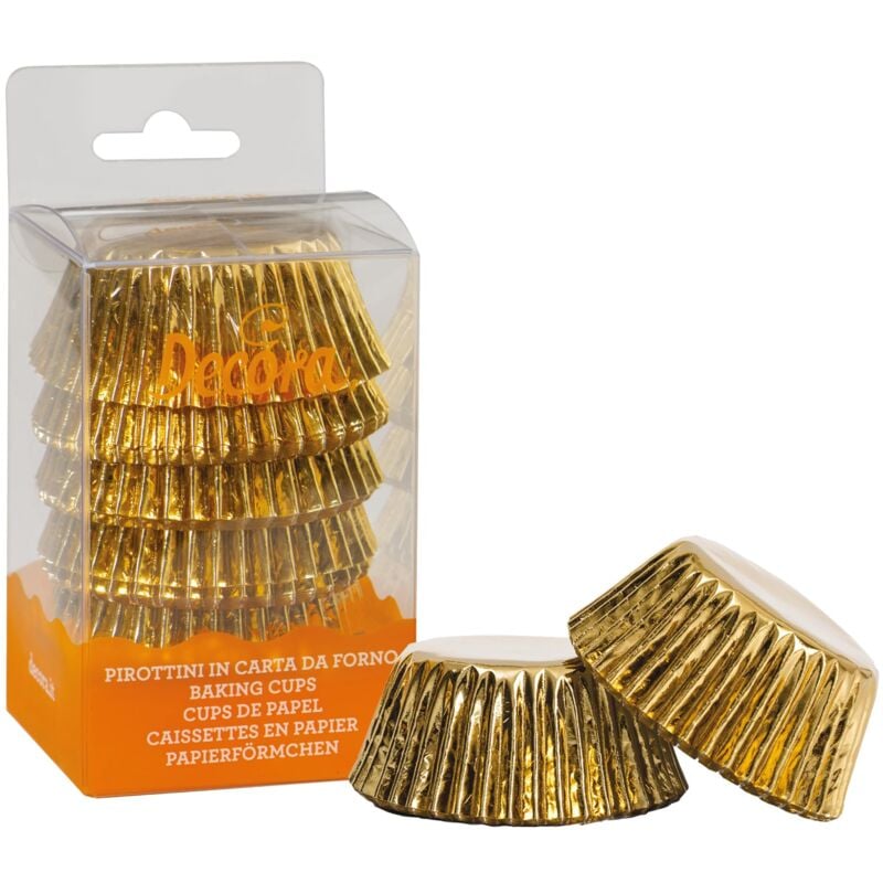 foto del prodotto decora 0339791 confezione da 60 pirottini muffin oro metallic da 50 x 32 mm, in carta da forno, resistono fino a 180 , in comodo blister, made in