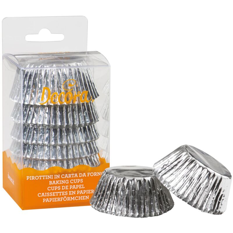 foto del prodotto decora 0339793 confezione da 60 pirottini muffin argento metallic da 50 x 32 mm, in carta da forno, per cuocere, presentare e regalare muffin e