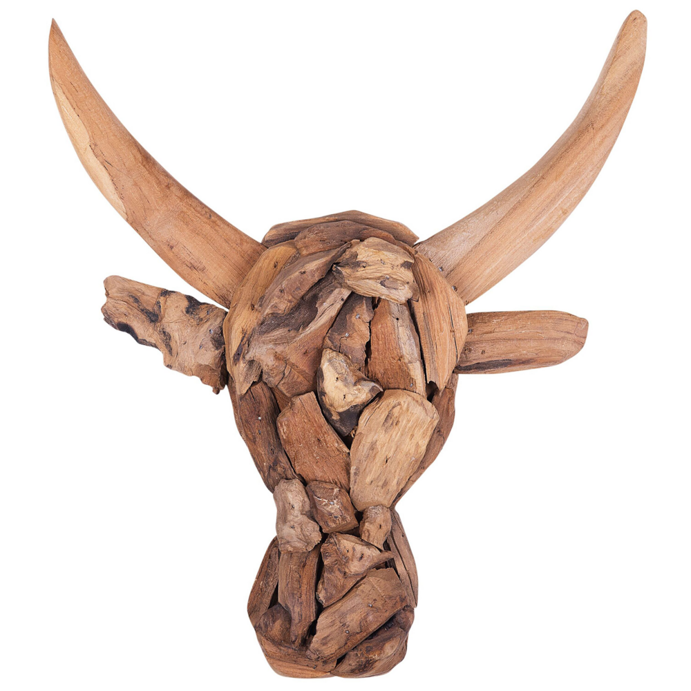 foto del prodotto decorativo da parete testa di toro con corna legno chiaro legno teak 34 x 28 cm rustico