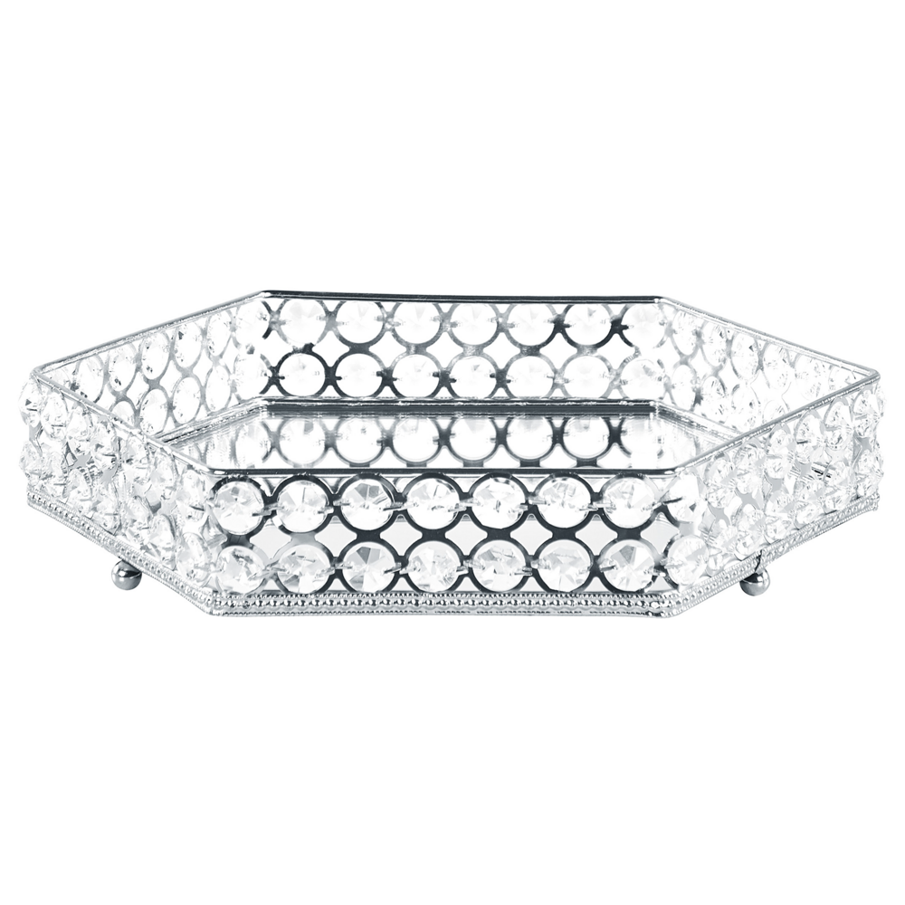 foto del prodotto decorativo vassoio a specchio esagonale vetro metallo argento stile glamour elegante cucina soggiorno