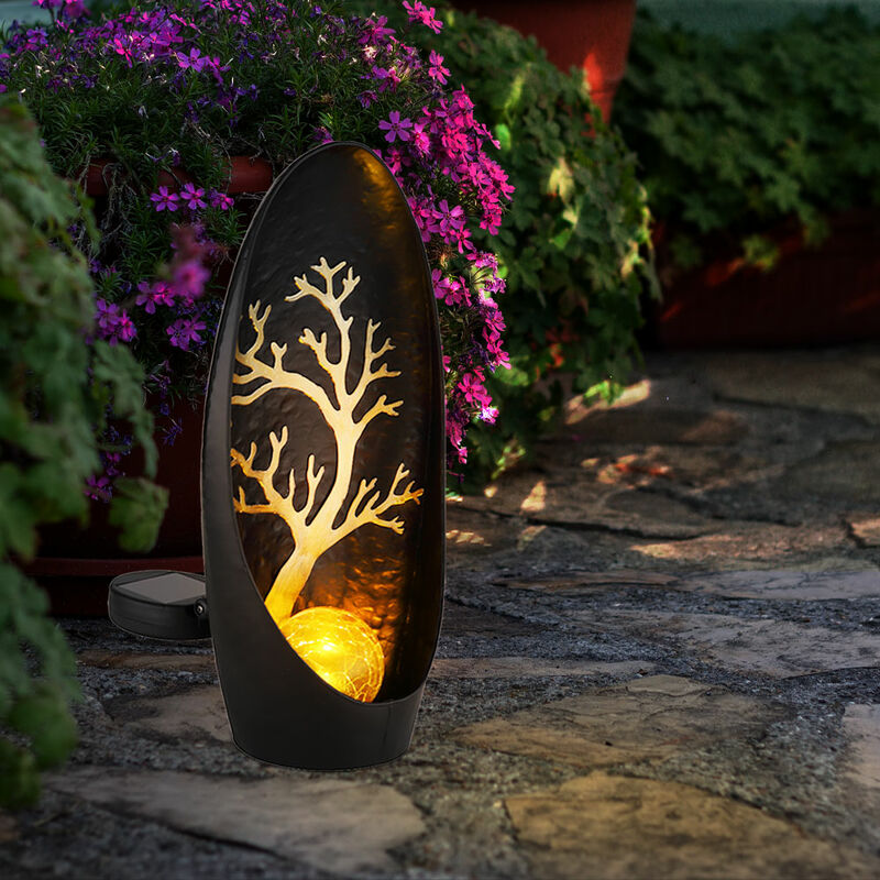 foto del prodotto decorazione da giardino lampade solari per esterno, decorazione per balcone esterno palla di vetro albero argento nero, batteria ip44 in metallo, 1x
