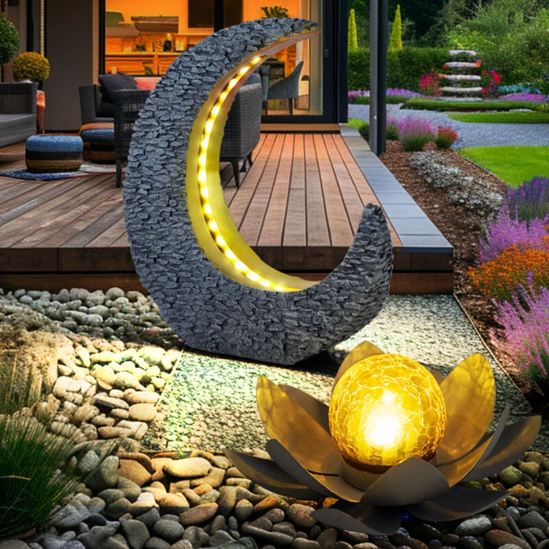 foto del prodotto decorazione da giardino, lampade solari per esterno, fiore di loto, decorazione da tavola, tavolo da giardino, luce solare da giardino, luna crescente con ottica in pietra, grigio oro, led, set di 2