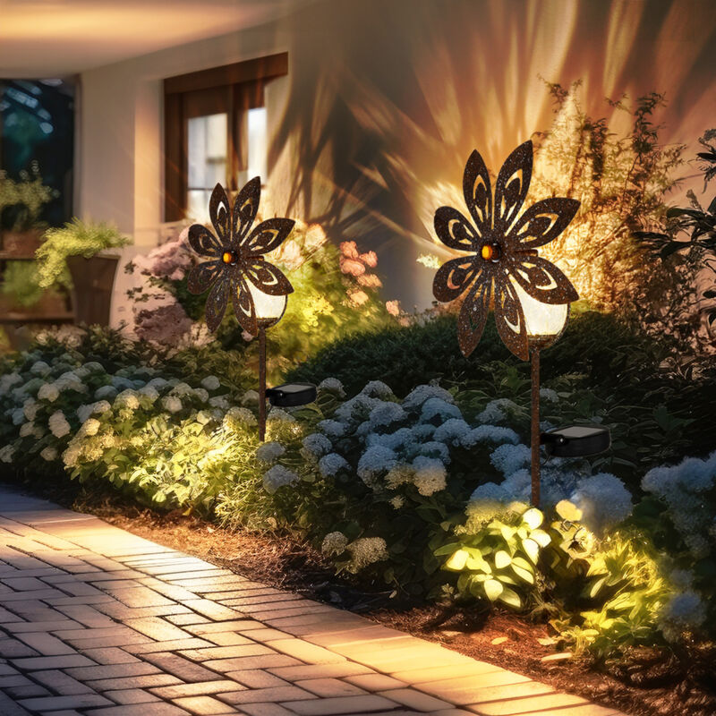 foto del prodotto decorazione da giardino led lampada solare ruota del vento patio lampada da esterno color ruggine picchetto a terra, metallo giallo, vetro rotto,