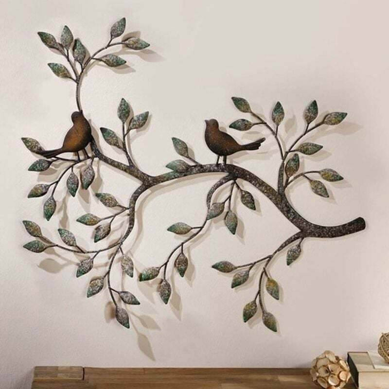 foto del prodotto decorazione da parete a forma di uccello, coppia di uccelli innamorati sui rami, scultura da appendere alla parete in metallo, decorazione da parete
