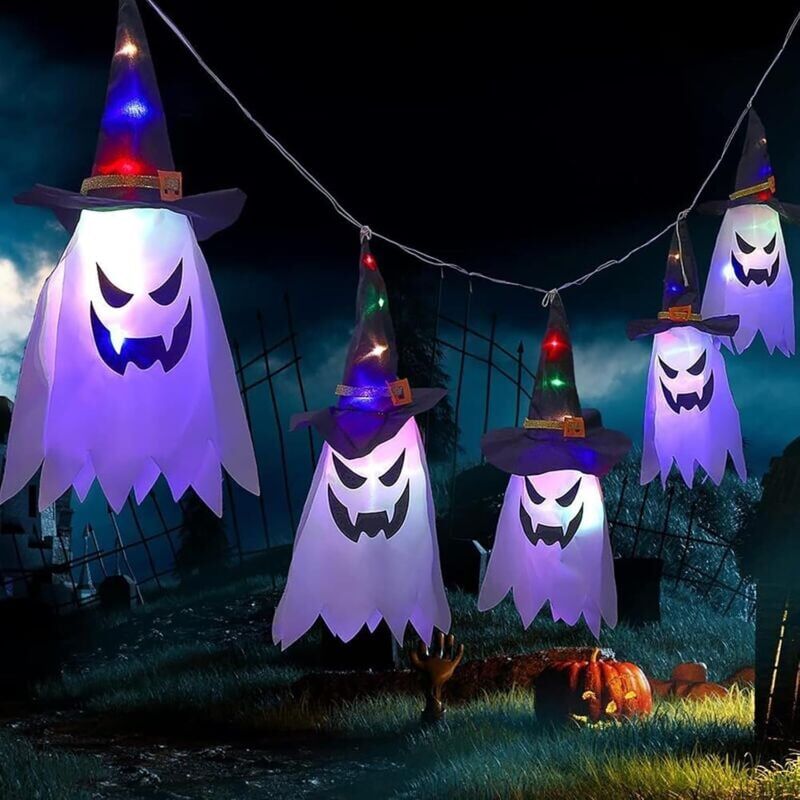 foto del prodotto decorazione di halloween per esterni, confezione da 5 luci a led per cappelli da strega di halloween senza batterie , per giardino, portico,