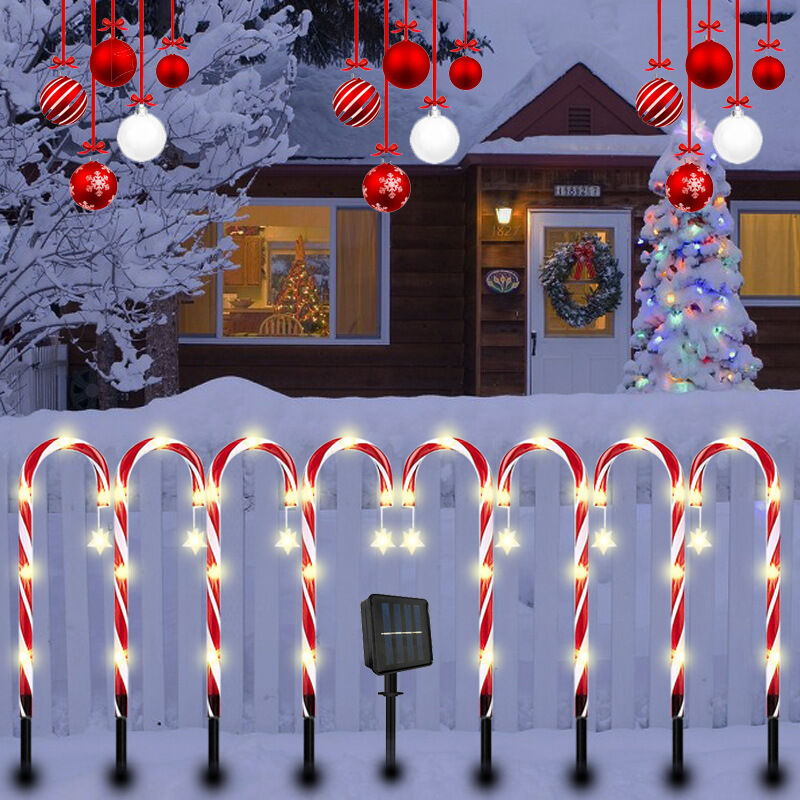 foto del prodotto decorazione natalizia 8 luci solari a forma di bastoncino di zucchero, 8 modalit , segnavia a forma di bastoncino di zucchero, luci decorative a led