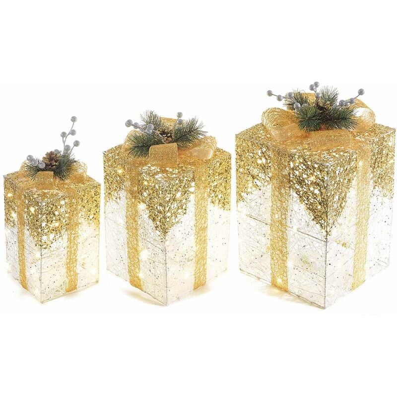 foto del prodotto decorazione natalizia luminosa a forma di pacchi regalo dorati con led e fiocco addobbo luminoso per vetrine e negozi decorazione sotto albero di