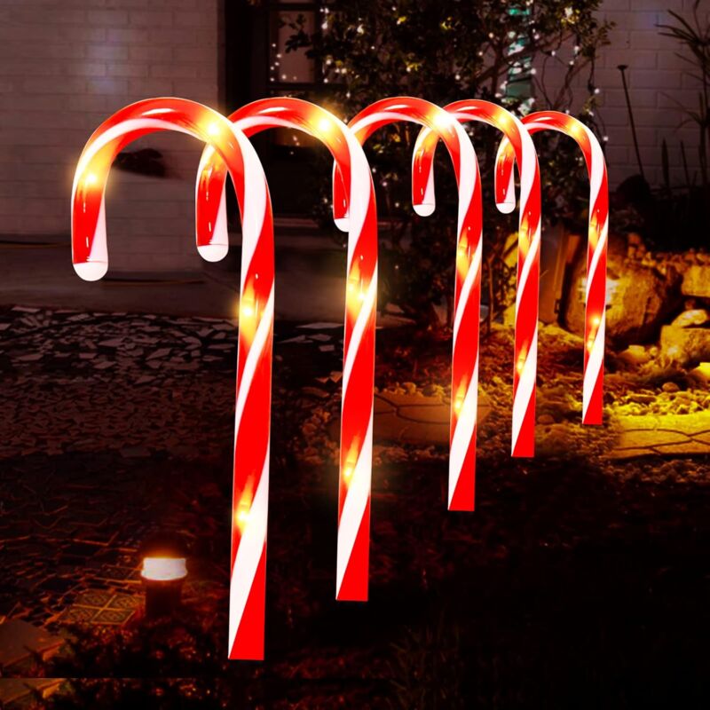 foto del prodotto decorazione natalizia per esterni illuminata, set di 5 luci natalizie per bastoncini di zucchero, luci a led per la decorazione del giardino esterno